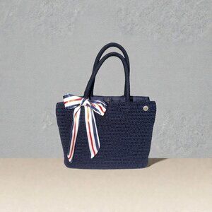 The Sak Classic Crochet Knit Shoulder Tote Navy Blue Silver Nickel 2-Handle Bag